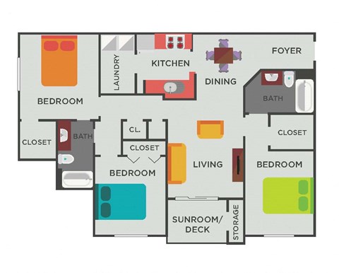 Floor plan for 3 beds, 2 baths, 1394 sqft